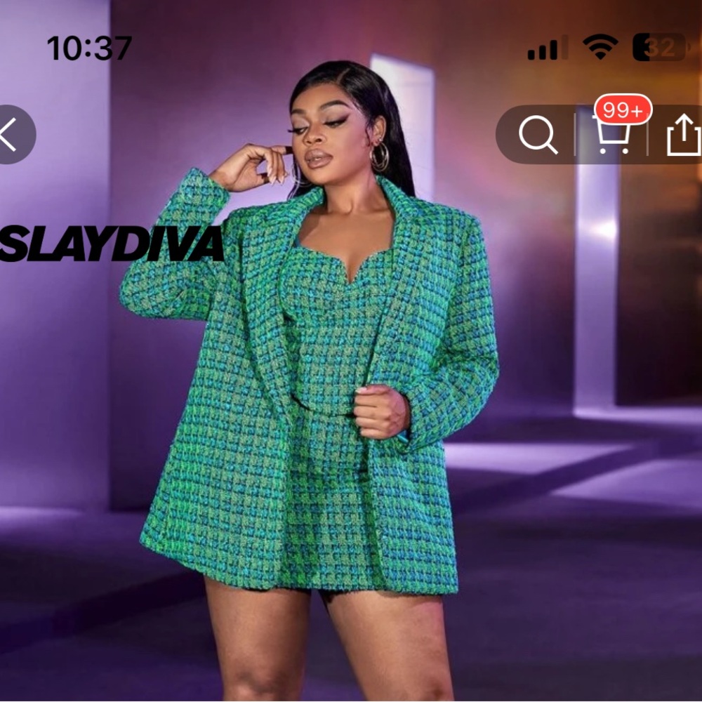 SHEIN Green Tweed Blazer Oversized Suit Jacket